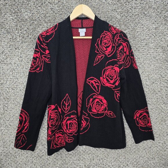 Chicos Cardigan Womens 0 US Small Black Red Floral Open Front Knit Casual Ladies - Picture 1 of 7